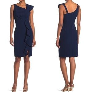 NEW Marina Asymmetrical Ruffle Sheath Midi Dress Navy Blue